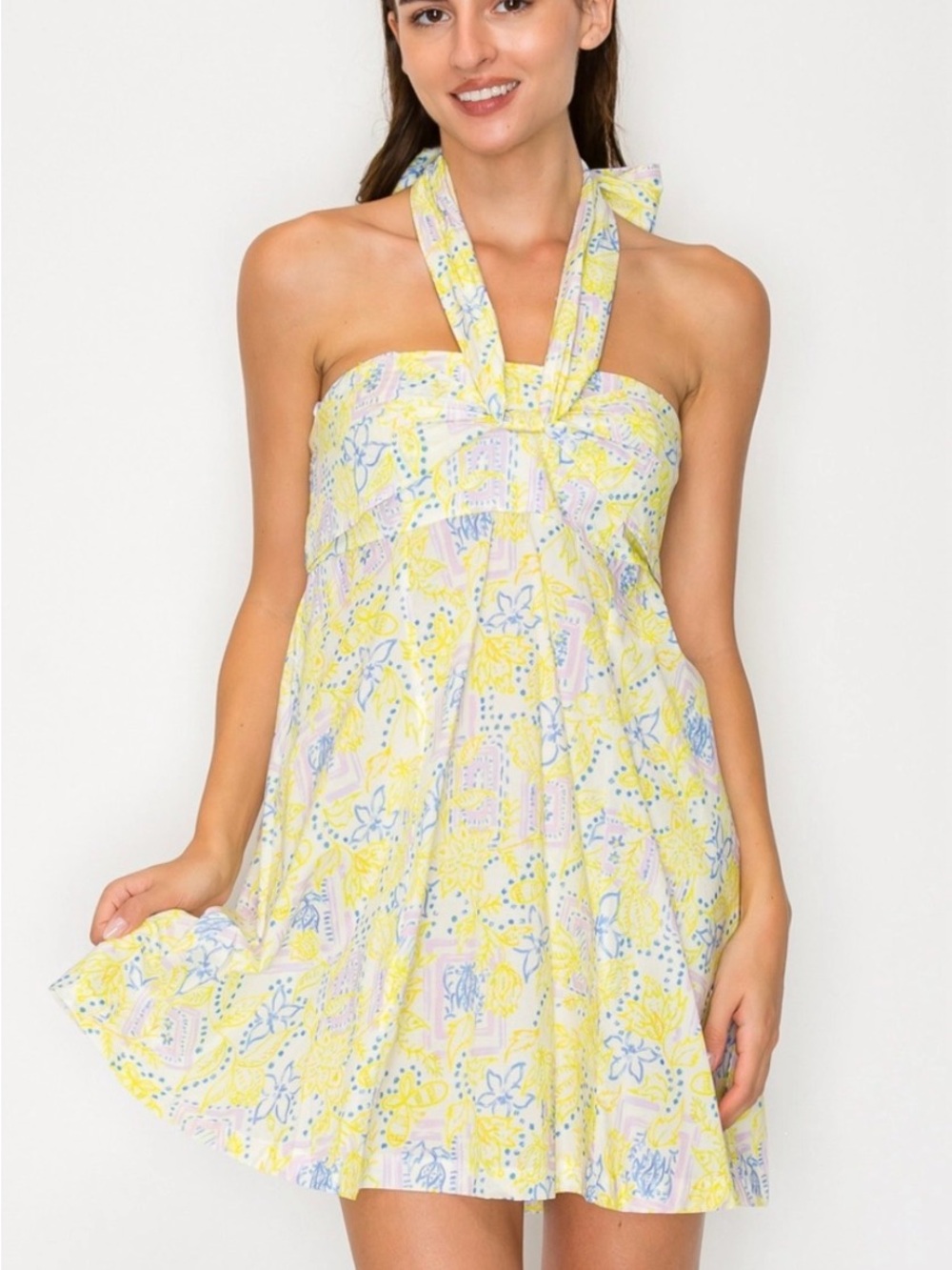 Sleeveless Halter Floral Sundress in Yellow and Blue XS new with tags